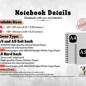 K&ouml;nnte beinhalten: Detaillierte Produktbeschreibung f&uuml;r Notizb&uuml;cher, einschlie&szlig;lich der verf&uuml;gbaren Gr&ouml;&szlig;en A4 (210 x 297 mm) und A5 (148 x 210 mm). Merkmale sind Soft- und Hardcover, gl&auml;nzendes Fotopapier und 120 linierte Seiten. Die Notizb&uuml;cher sind handgefertigt.