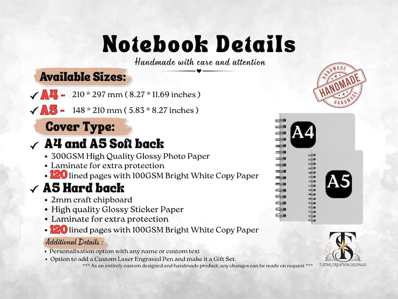 K&ouml;nnte beinhalten: Detaillierte Produktbeschreibung f&uuml;r Notizb&uuml;cher, einschlie&szlig;lich der verf&uuml;gbaren Gr&ouml;&szlig;en A4 (210 x 297 mm) und A5 (148 x 210 mm). Merkmale sind Soft- und Hardcover, gl&auml;nzendes Fotopapier und 120 linierte Seiten. Die Notizb&uuml;cher sind handgefertigt.
