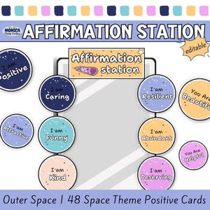 Pósteres de estaciones de afirmación en el espejo: tarjetas de autoafirmación positiva para estudiantes con temática espacial editables, para imprimir e imprimir: afirmación "Tú eres"/ "Yo soy"