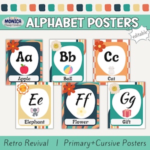 May include: Six colorful alphabet posters with retro-inspired designs. Each poster features a letter of the alphabet in both uppercase and lowercase, along with a corresponding image and word. The letters are in a cursive font. The words are: Apple, Ball, Cat, Elephant, Flower, Gift.