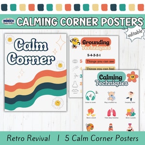 Retro Calm Down Corner Posters-Feelings Thermometer-Grounding Techniques Chart-Therapist Office Emotion Posters-Editable Classroom Decor