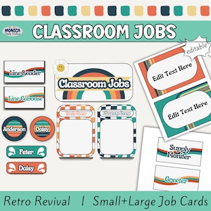 Retro Classroom Jobs Display-Editable Canva Student Nametags-Groovy Classroom Management-Rainbow Teacher Printables