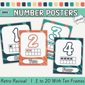 Retro Classroom Number Posters With Ten Frames 1-20 For Kids-Math Posters-Groovy Classroom Theme Decor-Classroom Management-Editable Posters