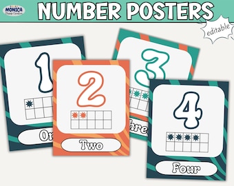 Könnte beinhalten: Ein Satz farbenfroher Zahlenposter mit Zehnerrahmen zum Zählen. Die Poster zeigen die Zahlen 1 bis 4 in einem Retro-Design. Der Text "NUMBER POSTERS" und "editable" ist ebenfalls enthalten.