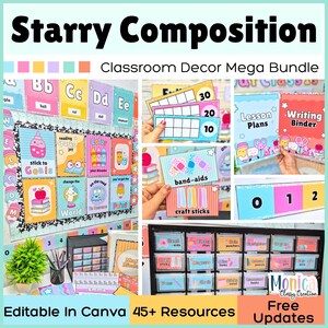 May include: A classroom decor mega bundle titled "Starry Composition." The image showcases colourful educational resources, including alphabet cards, number cards, lesson plan binders, and labels for classroom organisation. The text "Editable in Canva" is also visible.