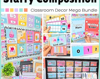 Starry Composition Notebook Classroom Decor Bundle-Pastel Theme-School Supplies Classroom Decorations-Calm Aesthetic Decor-Editable Template