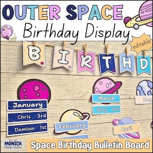 Geburtstags-Bulletin-Board bearbeitbares Weltraumthema Unser Geburtstag Klassenzimmerdekor Vorschule Monatlicher alles Gute zum Geburtstagkalender Printable Poster