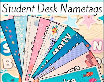 May include: A collection of ten student desk nametags with ocean animal themes. Each tag features a unique design with colorful illustrations of marine life, patterns, and the alphabet. The nametags are labeled "Ocean Animals" and "Student Desk Nametags".
