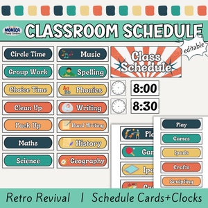 Cartões de programação de sala de aula retrô - Pacote de horário de aula bacana - Modelos Canva editáveis - Gerenciamento de sala de aula para professores