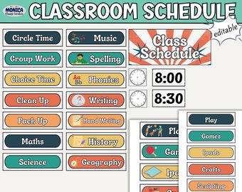 Retro Classroom Schedule Cards-Groovy Class Timetable Pack-Editable Canva Templates-Teacher Classroom Management