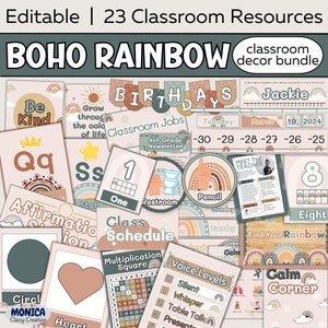 May include: A set of 23 printable classroom decor resources in a boho rainbow theme. The set includes posters, signs, and cards with a variety of designs, including rainbows, stars, hearts, and geometric shapes. The colors are a mix of warm browns, pinks, and blues. The text on the posters includes phrases like "Be Kind", "Grow Through the Odds of Life", "Classroom Jobs", "Meet the Teacher", "Find Your Rainbow", "Calm Corner", and "Voice Levels".