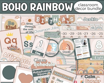 Boho Rainbow Classroom Decor Bundle-Elementary Classroom Theme Bundle-Preschool Boho Neutral Classroom Decorations-Editable Modern Decor Set