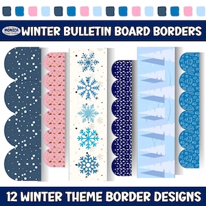 May include: Twelve printable winter bulletin board borders featuring different designs. The designs include snowflakes, snowmen, and winter trees. The borders are in blue, white, and pink.