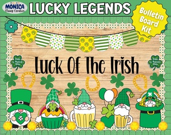 May include: A bulletin board kit with a green, white, and yellow color scheme. The kit features a banner that says "Lucky Legends" and a title that says "Luck of the Irish". The kit also includes images of gnomes, shamrocks, and horseshoes.