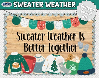Puede incluir: Un kit de tablero de anuncios con un fondo de madera y el texto "Sweater Weather is Better Together". El kit incluye una variedad de imágenes de temática invernal, como suéteres, guantes y un muñeco de nieve.