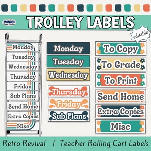 Retro 10 Schubladen Trolley Warenkorb Etiketten-Lehrer Rollwagen Etiketten-Bearbeitbare Etiketten-Retro Groovy Klassenzimmer Dekor-Klassenzimmer Organisation