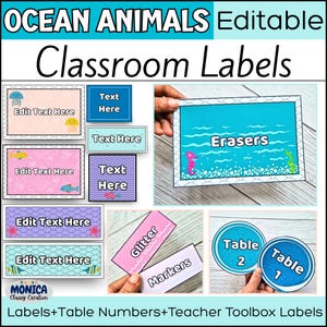 May include: A collection of editable classroom labels with an ocean theme. The labels include rectangular and circular designs with text fields for customization. The labels feature illustrations of sea creatures and the words "Erasers", "Glitter", and "Markers".