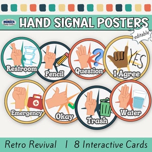 Retro Classroom Hand Signal Posters-Groovy Classroom Hand Gestures Display-Editable Canva Templates-Teacher Resource Management