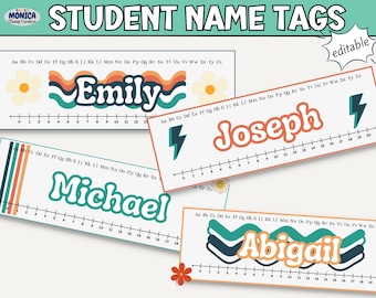 Etykiety z nazwami ławek dla uczniów w klasie - Retro Groovy Class Name Tags - Edytowalne szablony Canva - Nowoczesny wystrój nauczyciela