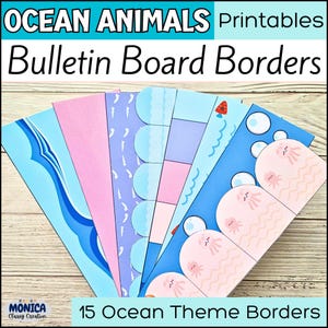 May include: A collection of 15 ocean-themed bulletin board borders. The borders feature various designs, including waves, jellyfish, and other marine elements. The color palette includes shades of blue, pink, and white. The text "Ocean Animals" and "Bulletin Board Borders" is visible.