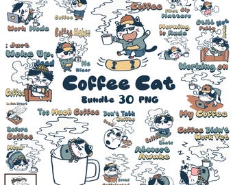 Cozy Cat Coffee Funny Bundle 30 PNG, Illustrazione Clipart Doodle PNG, Download Digitale
