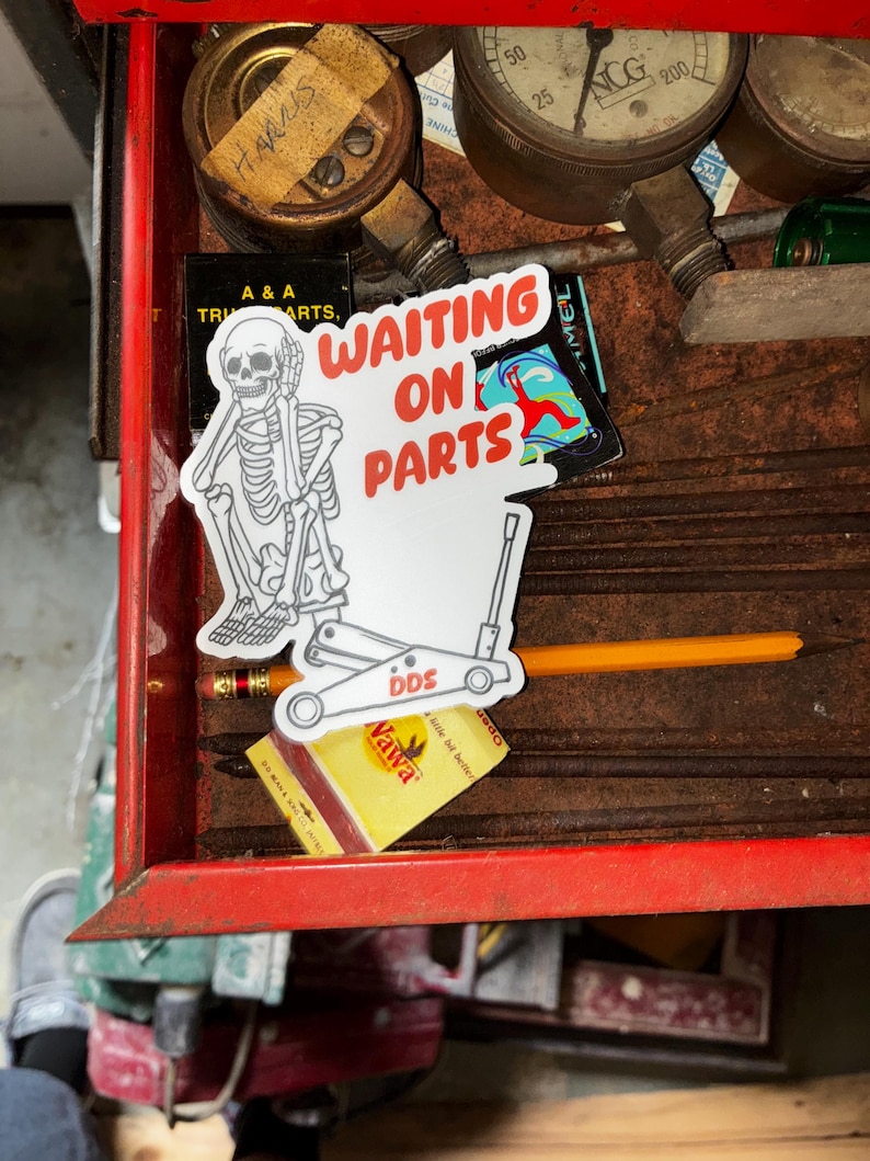 Waiting On Parts Skeleton Jack Stand Vinyl Decal — Funny Truck Car Toolbox Sticker — Dirty Diesel Supply Best Seller image 3