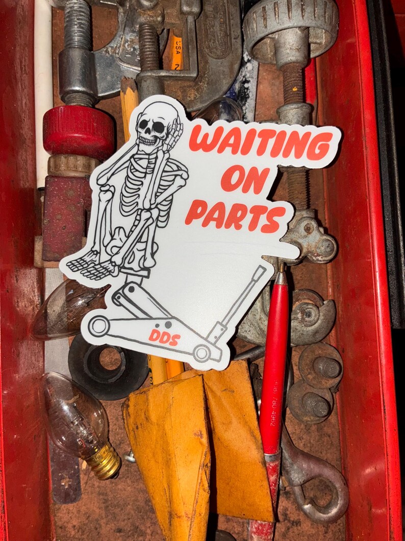 Waiting On Parts Skeleton Jack Stand Vinyl Decal — Funny Truck Car Toolbox Sticker — Dirty Diesel Supply Best Seller image 5