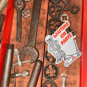 Waiting On Parts Skeleton Jack Stand Vinyl Decal — Funny Truck Car Toolbox Sticker — Dirty Diesel Supply Best Seller image 6