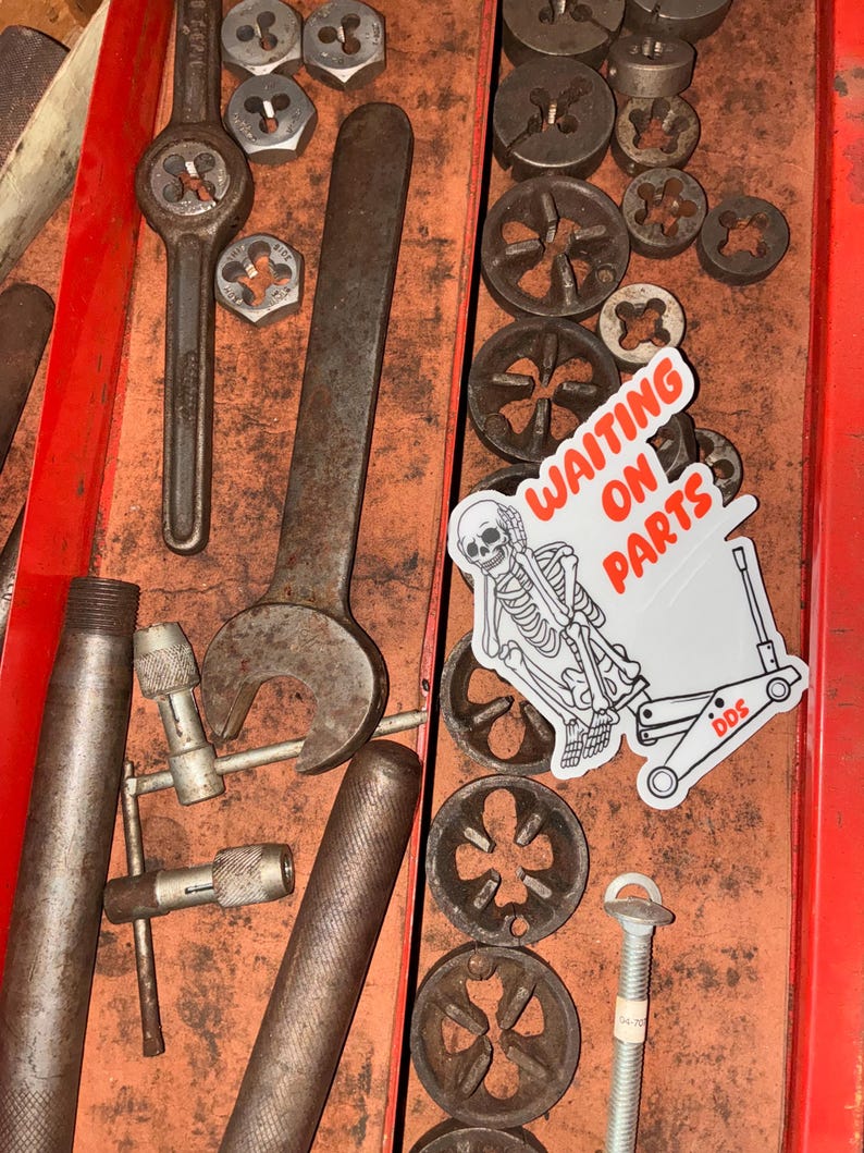 Waiting On Parts Skeleton Jack Stand Vinyl Decal — Funny Truck Car Toolbox Sticker — Dirty Diesel Supply Best Seller image 6