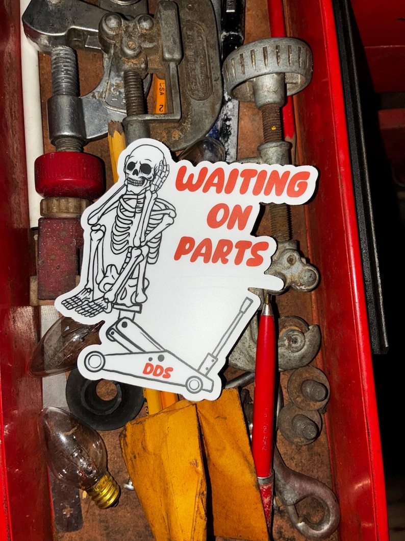 Waiting On Parts Skeleton Jack Stand Vinyl Decal — Funny Truck Car Toolbox Sticker — Dirty Diesel Supply Best Seller image 2
