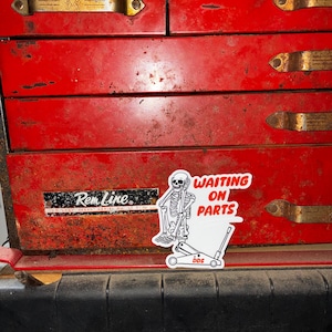 Waiting On Parts Skeleton Jack Stand Vinyl Decal — Funny Truck Car Toolbox Sticker — Dirty Diesel Supply Best Seller image 4
