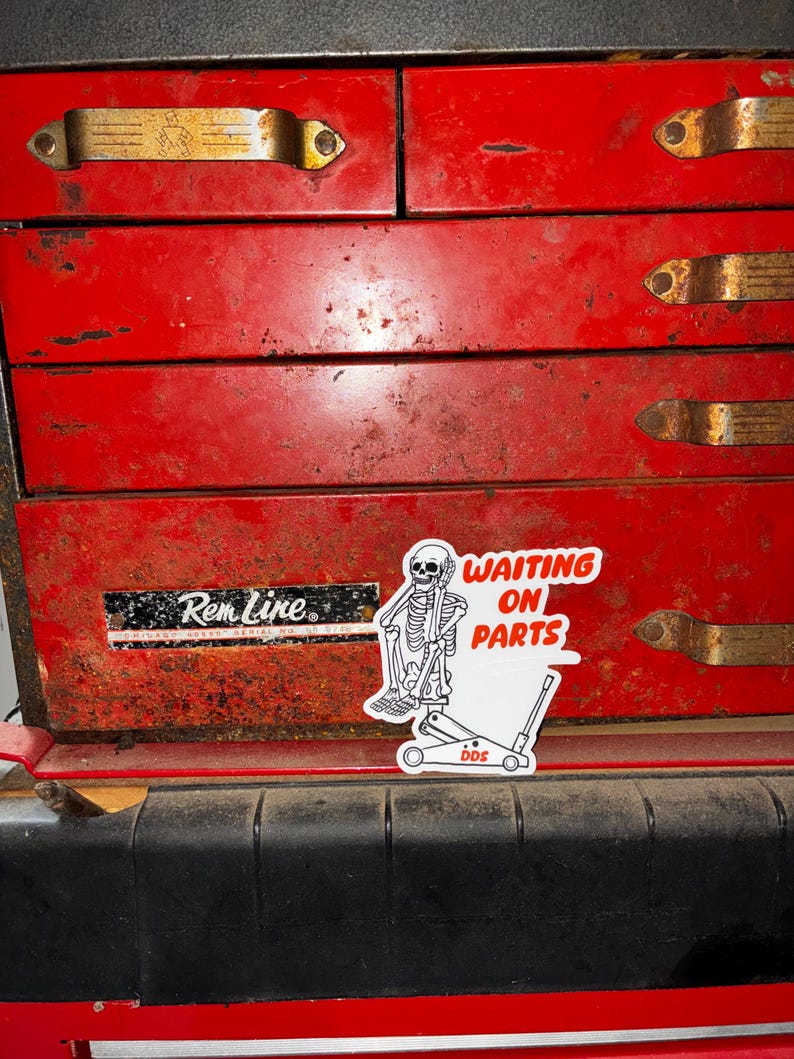 Waiting On Parts Skeleton Jack Stand Vinyl Decal — Funny Truck Car Toolbox Sticker — Dirty Diesel Supply Best Seller image 4