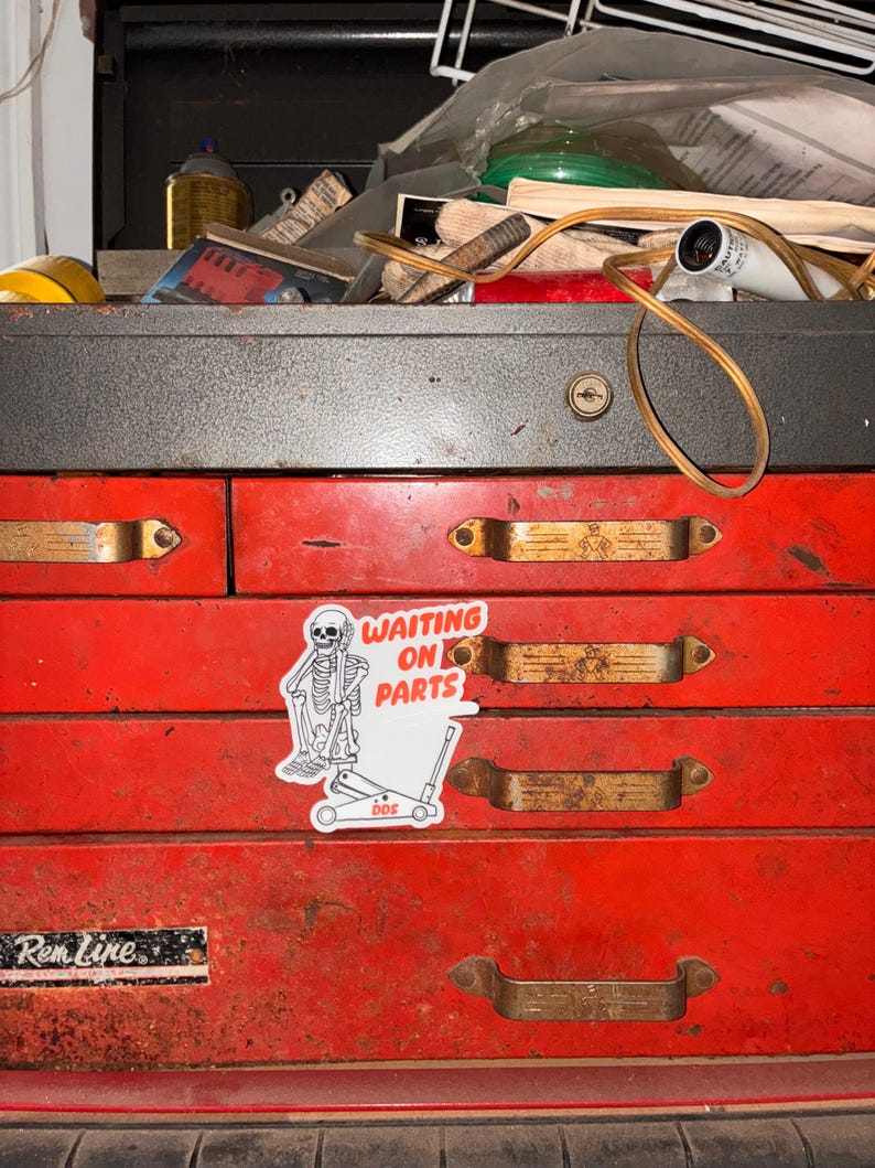 Waiting On Parts Skeleton Jack Stand Vinyl Decal — Funny Truck Car Toolbox Sticker — Dirty Diesel Supply Best Seller image 7