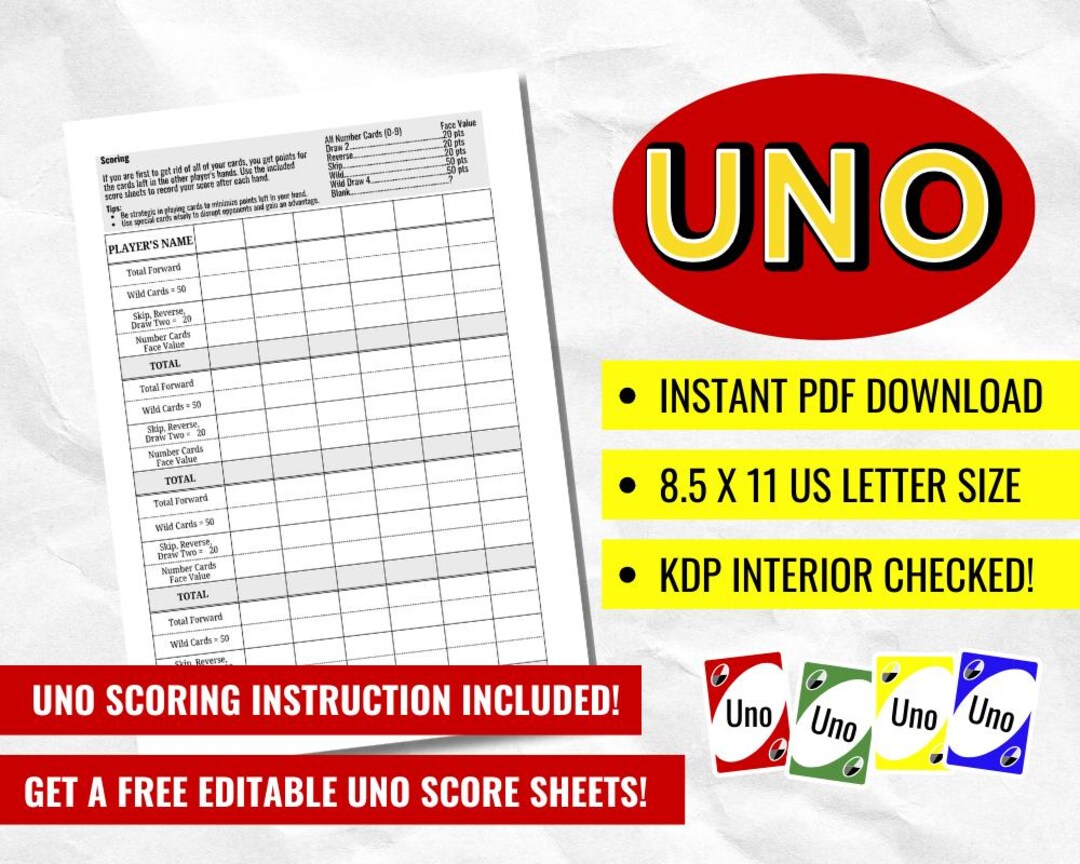 Uno Score Sheets Template | Uno Card Games Scoring | KDP Interior | Reselling | Digital ...