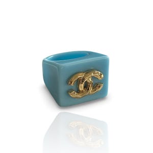 Vintage Chanel gold cc blue acrylic ring 1990s