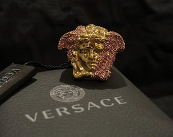 Authentic Versace 3d chunky pink crystals Medusa gold ring