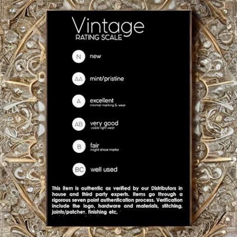 Puede incluir: Gr&aacute;fico de escala de clasificaci&oacute;n vintage en blanco y negro con las siguientes categor&iacute;as: nuevo, impecable, excelente, muy bueno, bueno y usado. El gr&aacute;fico incluye una breve descripci&oacute;n de cada categor&iacute;a.