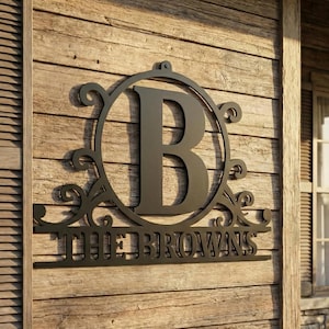 May include: Black metal family name sign featuring the letter "B" within a decorative circle, and the name "THE BROWNS" below. The sign is mounted on a wooden wall, with a house exterior in the background.