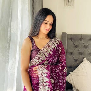 Digital Georgette Saree: Sequins Embroidery, Cutwork Border