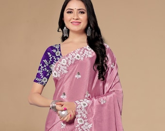 Chinon Silk Saree: Heavy Embroidery Butti, Designer Wedding Sari