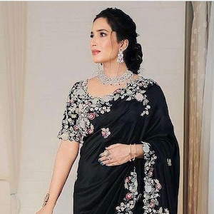 Black Georgette Embroidery Saree: Party Wedding Wear with Banglory Silk Blouse