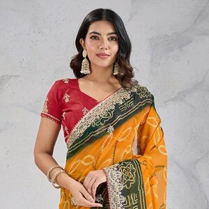 Embroidery Georgette Saree: Indian Wedding Party Sari with Silk Blouse