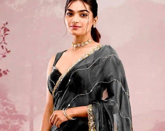 Burberry Silk Mirror Work Saree: Bollywood Wedding Party Wear