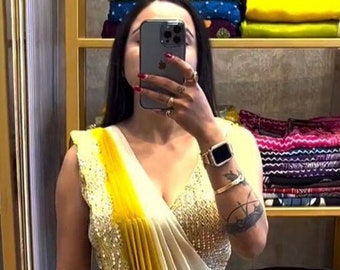 Embroidered Lace Border Saree: Mirror Work, Chinon Fabric, Party Wedding Wear