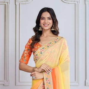 Embroidery Georgette Saree: Indian Wedding Party Wear with Banglory Silk Blouse