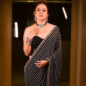 Black Sequin Georgette Saree: Designer Party Wear Sari with Zari Thread