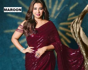 Bollywood Georgette Sequin Saree: Designer Wedding Party Sari
