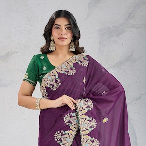 Embroidered Georgette Saree: Indian Wedding Party Wear with Banglory Silk Blouse