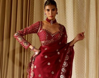 Mirror Design Georgette Saree: Zari Work, Embroidered Wedding Wear