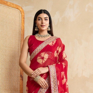 Georgette Bandhej Saree: Heavy Embroidery Lace Border, Unstitched Blouse